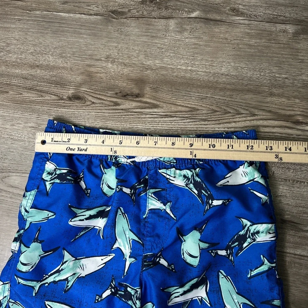 Old Navy Shark Print Swim Trunks Boys Medium Blue Elastic Waist Beach 7